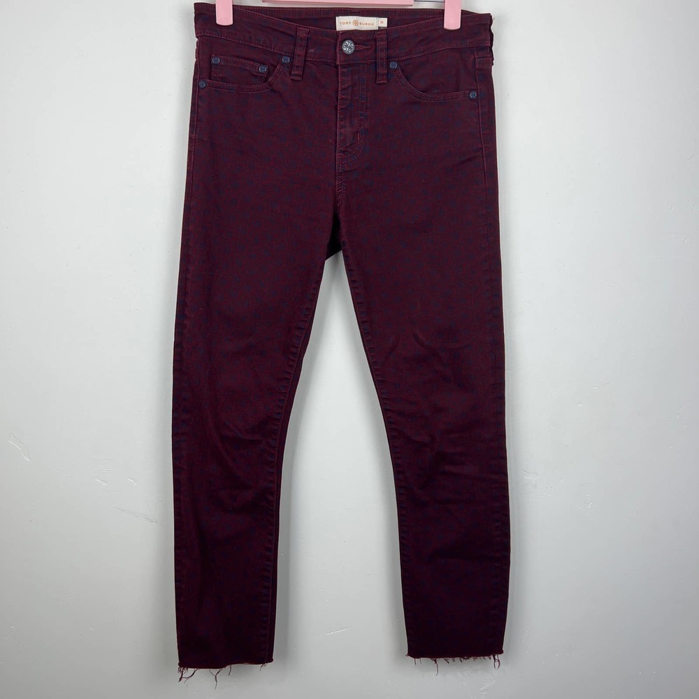 Tory Burch Burgundy Skinny Raw Hem Print Pants Womens Size: 26